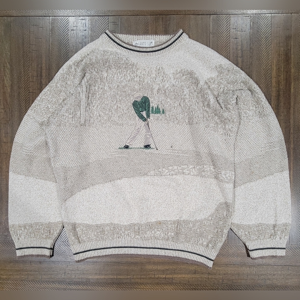 Vintage GRAND SLAM Golf Print Graphic Crewneck Pullover Sweater Mens Medium